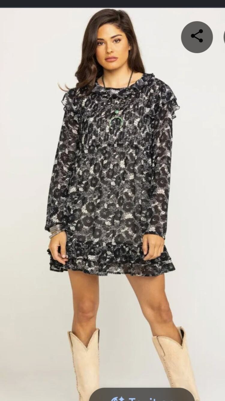 Free People These Dreams Mini Dress Sz M Black White Floral Ruffle Boho Western